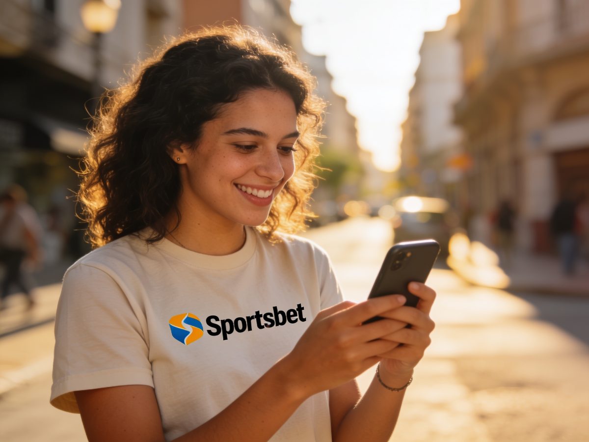 Usuaria de Sportsbet revisando la aplicación en su teléfono